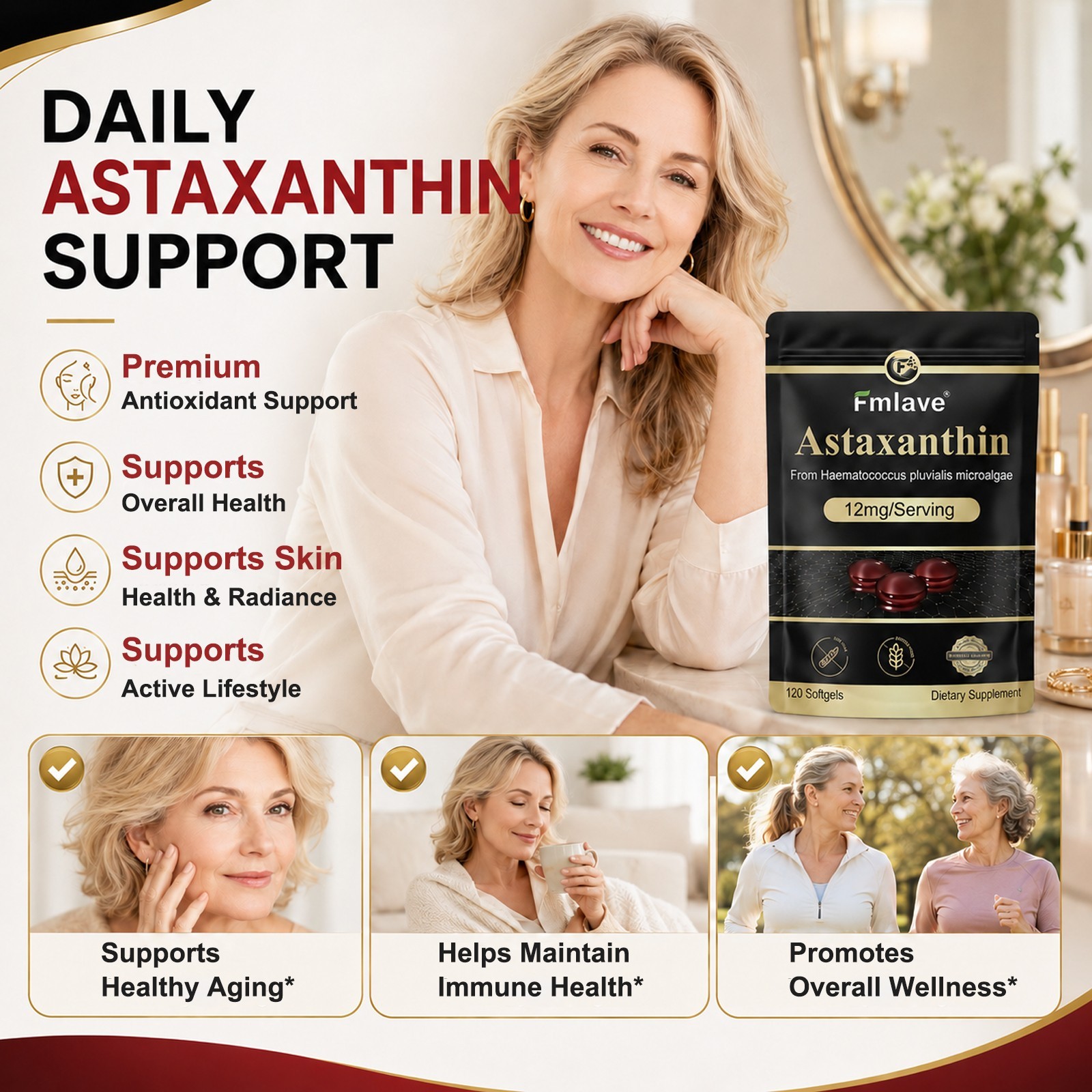 Astaxanthin 12mg 120gels Fresh Microalgae Source Antioxidant/Skin/Eye/Joint