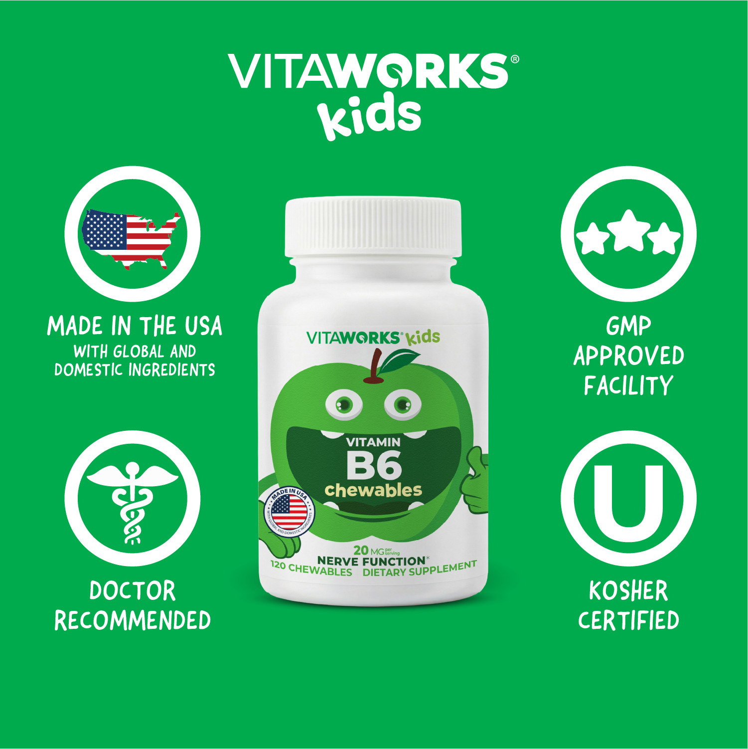 VitaWorks Kids Vitamin B6 20mg – Vegan – Great Tasting – 120 Chewable Tablets