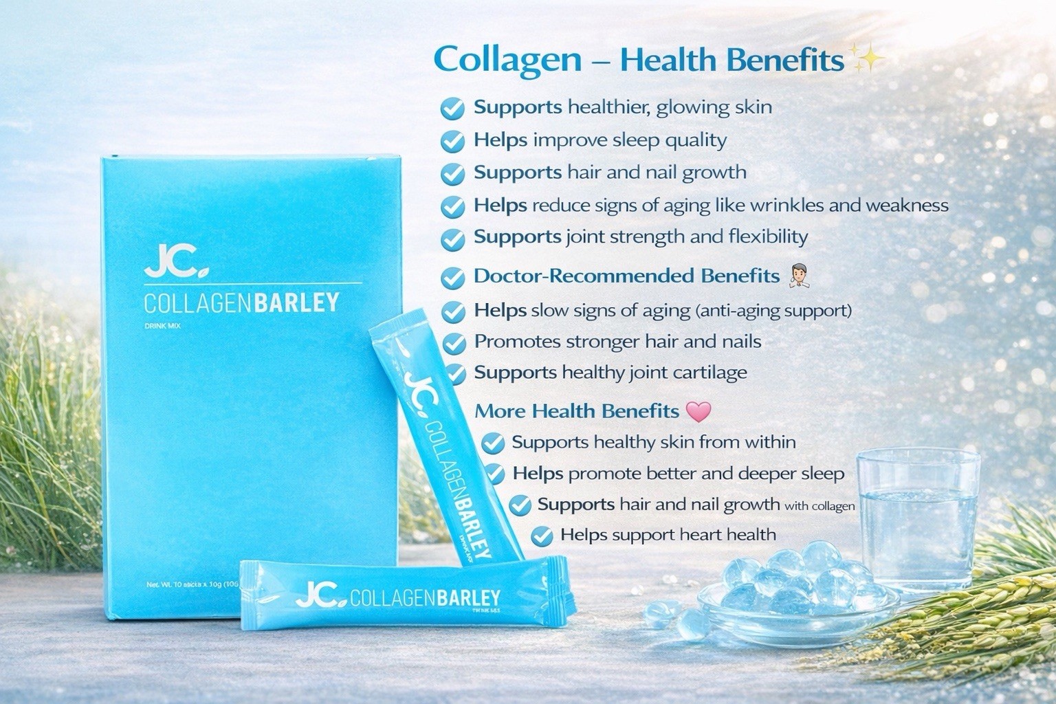 JC Collagen Barley Drink Mix for Hair, Skin, Nail, Joint & Wellness Support
