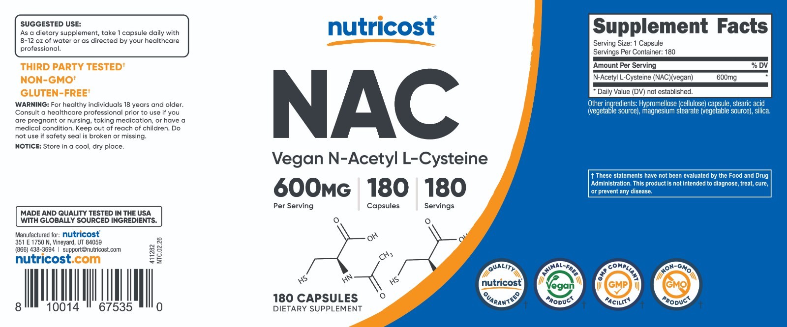 Nutricost N-Acetyl L-Cysteine (NAC) 600mg, 180 Capsules – Non-GMO & Gluten Free