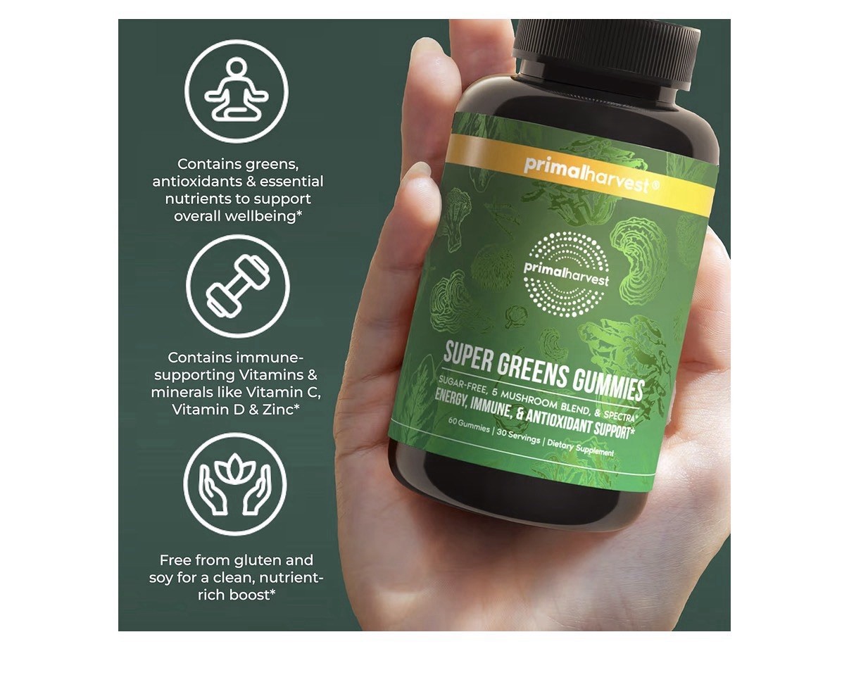 Primal Harvest Super Greens 60 Gummies Superfood Blend Antioxidant Immune Energy