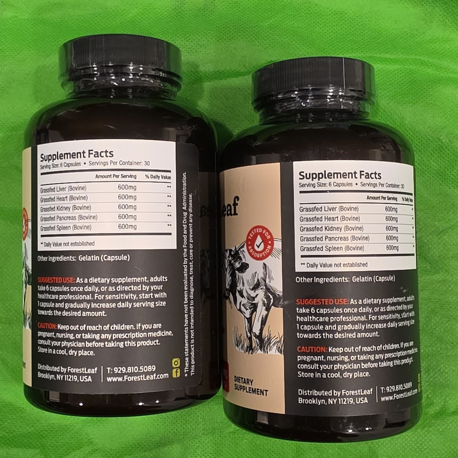 ForestLeaf Grass Fed Beef Organs Supplement 3000mg 180 Capsules 2 Bottles