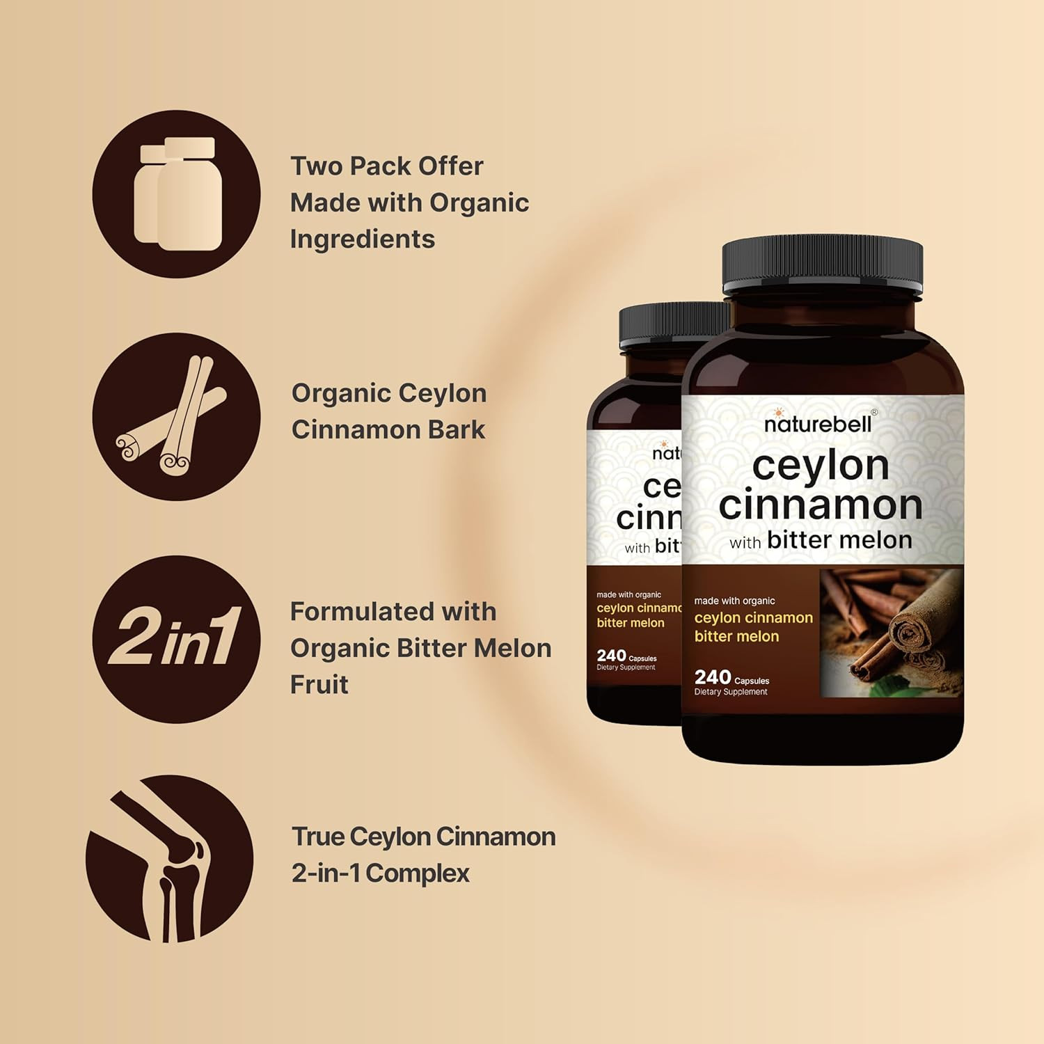 2 Pack Ceylon Cinnamon with Bitter Melon, 240 Capsules | Made with Organic Sr…