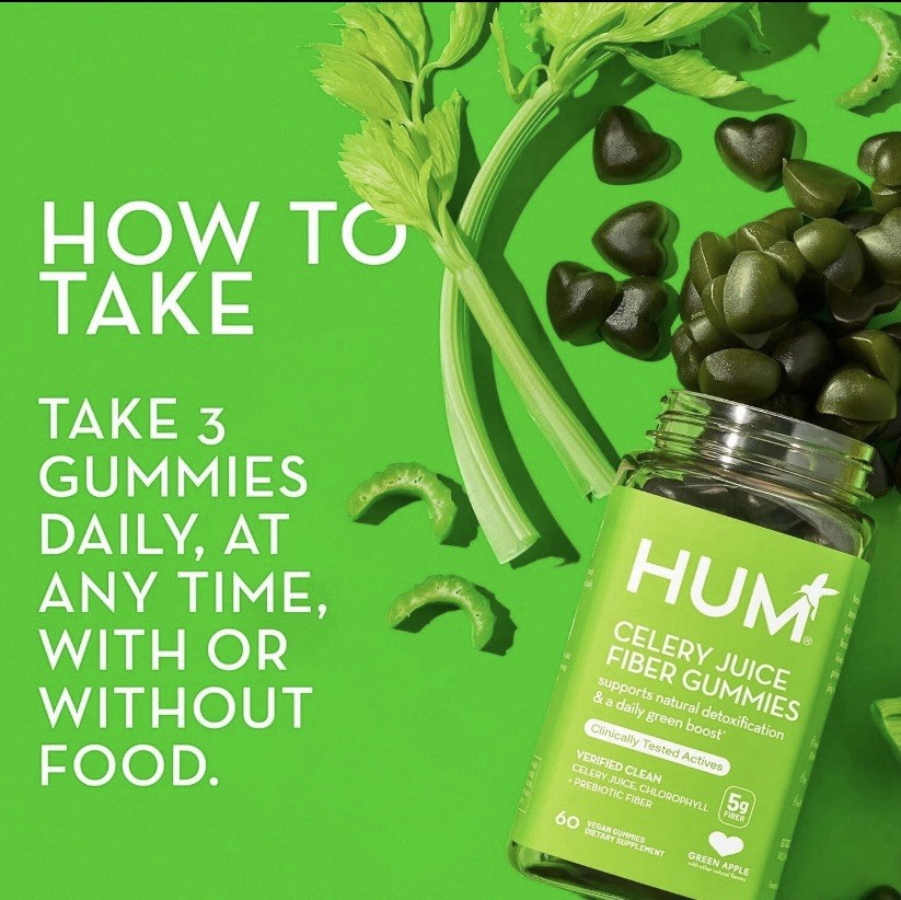 HUM Celery Juice Fiber Gummies Green Apple Vegan Gluten-Free 60ct