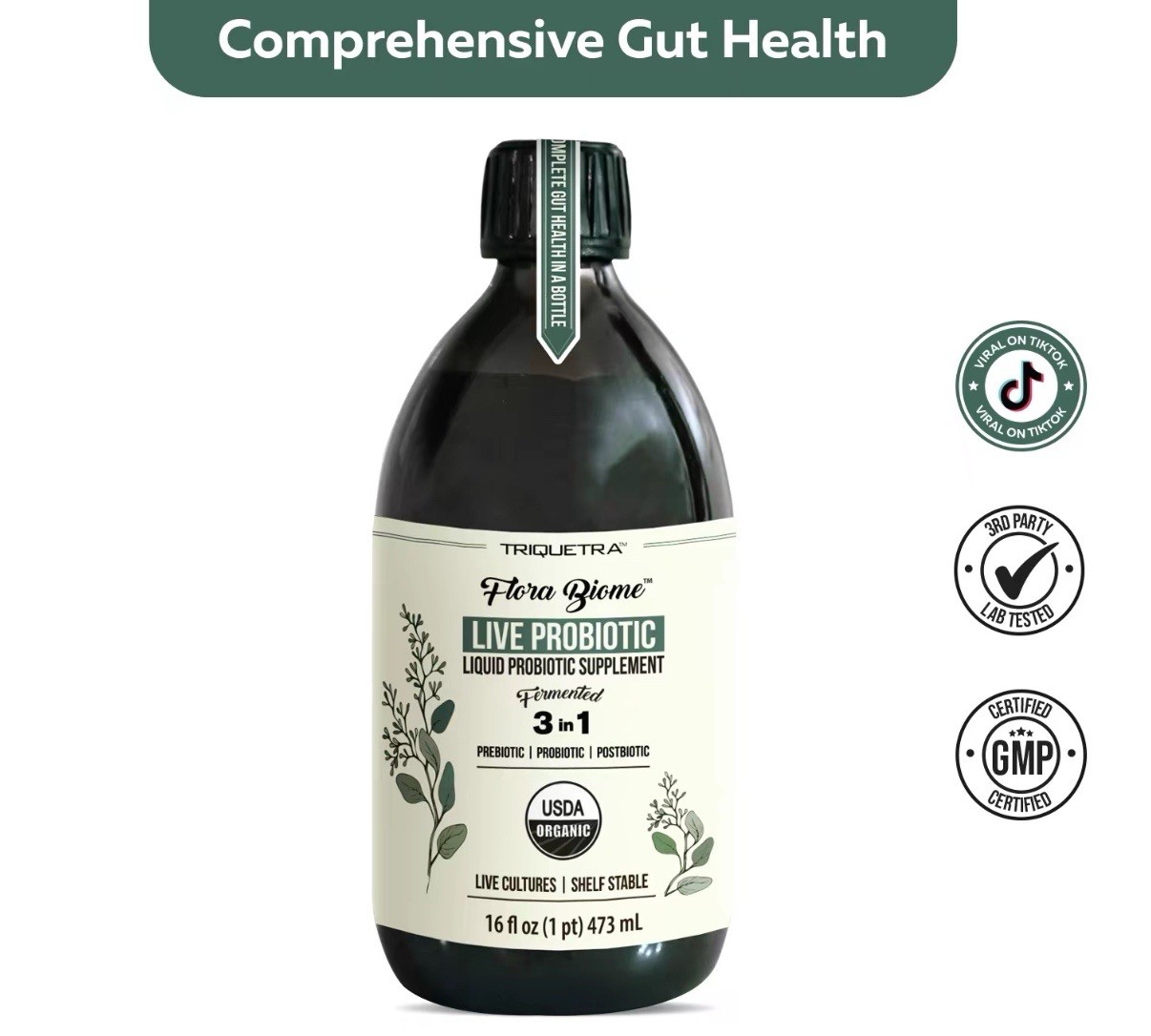 Triquetra Flora Biome live culture Probiotic Liquid 16 fl oz USDA Organic Vegan