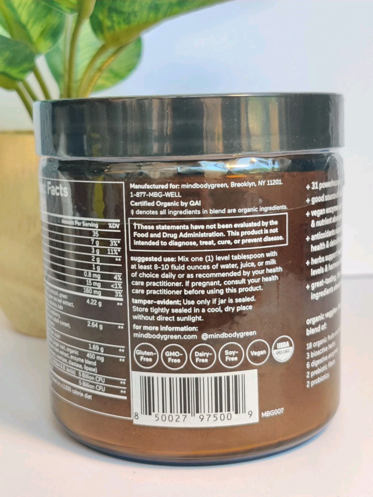 Mindbodygreen Organic Veggies+ Powder 5.78oz Sealed in Glass Jar NEW! Vegan