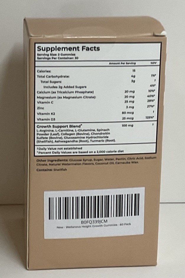 Wellanova Height Growth Vegan Gummies Watermelon Natural Ingredients 60 Pack