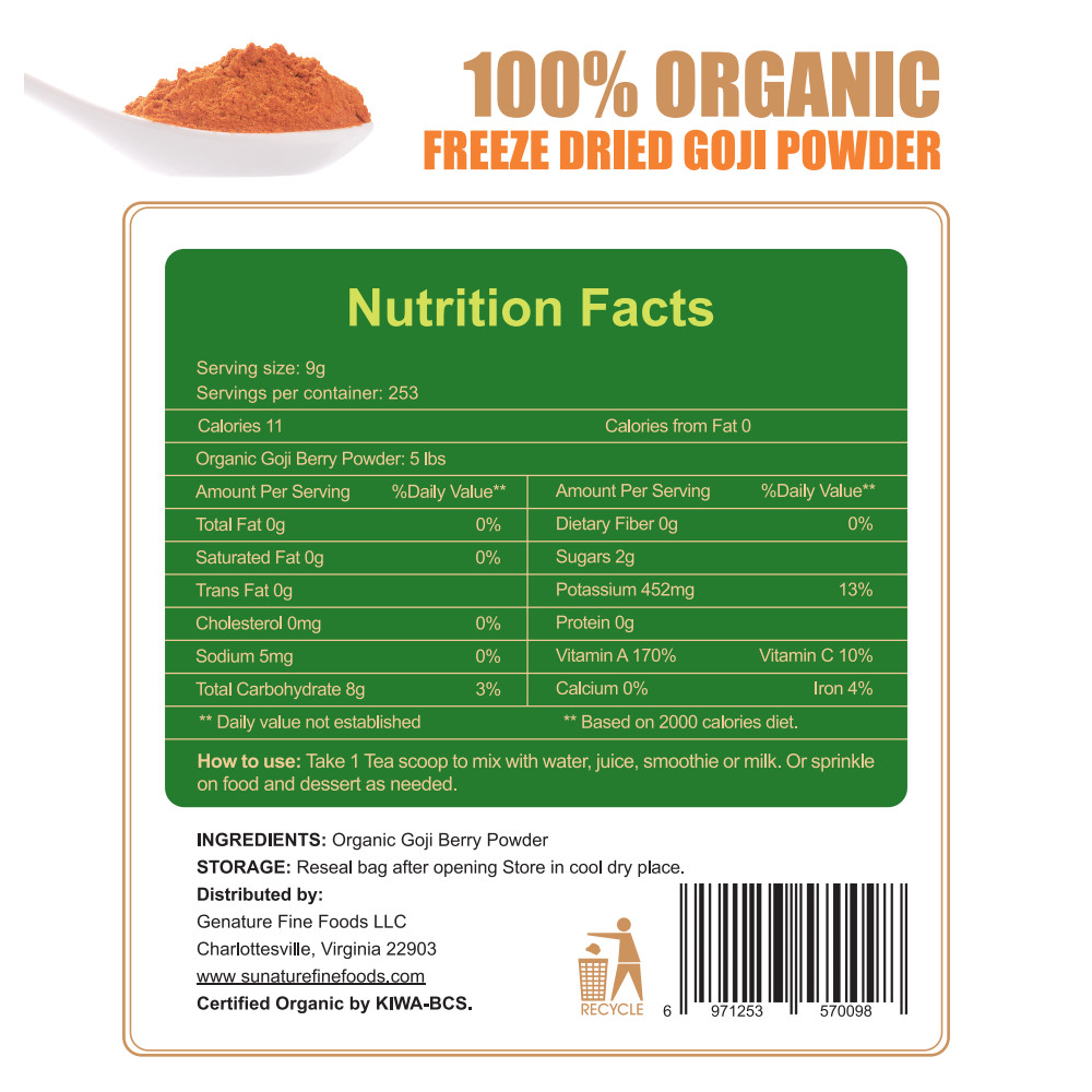 Sunature 5 lbs Superfood Organic Freeze Dried Goji Berry Powder