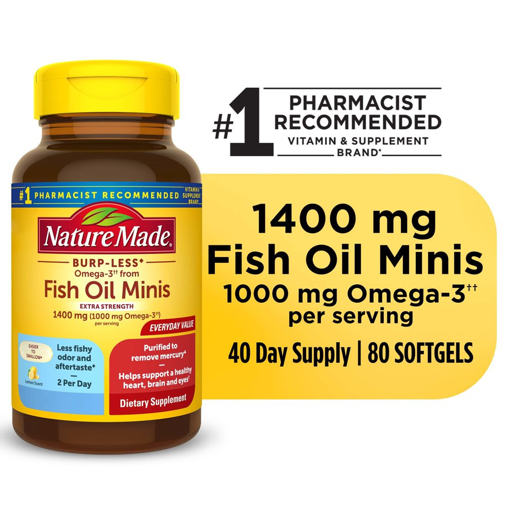 Nature Made Burp-Less Omega-3 from Fish Oil 1400 Mg Minis Softgels, 80 Count