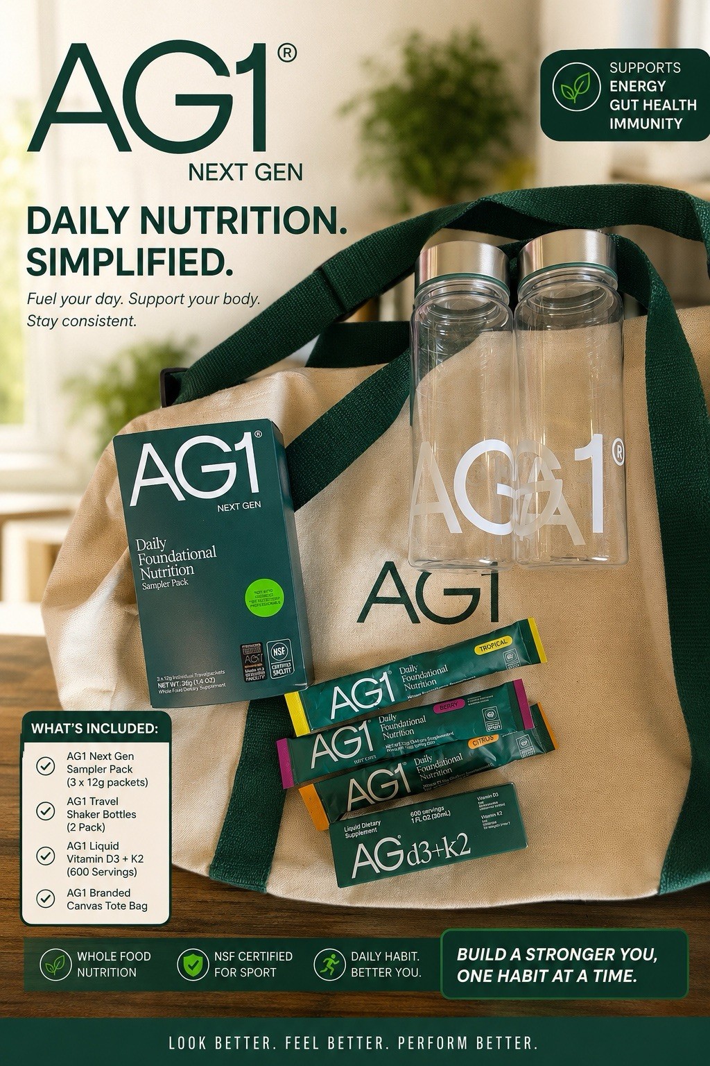 AG1 Next Gen (2) Sampler Packs (1) D3+K2 (2) Shakers Tote NSF Sport Starter Kit