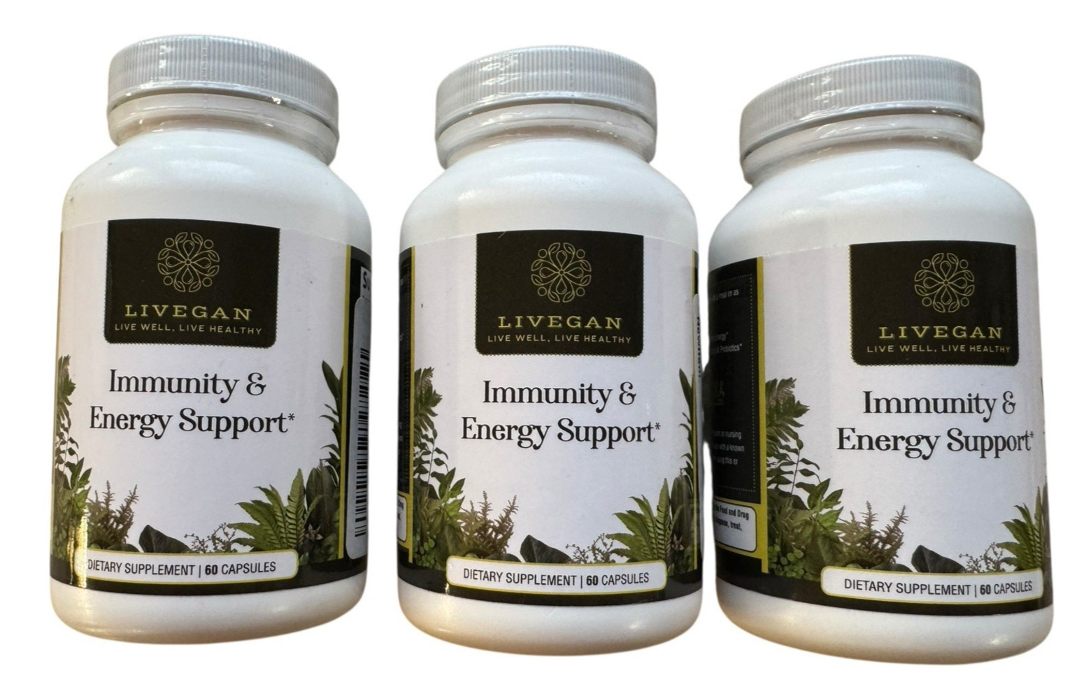 Lot of 3 Livegan Immunity & Energy Support Capsules – 3 x 60 Count – Ex: 9/27