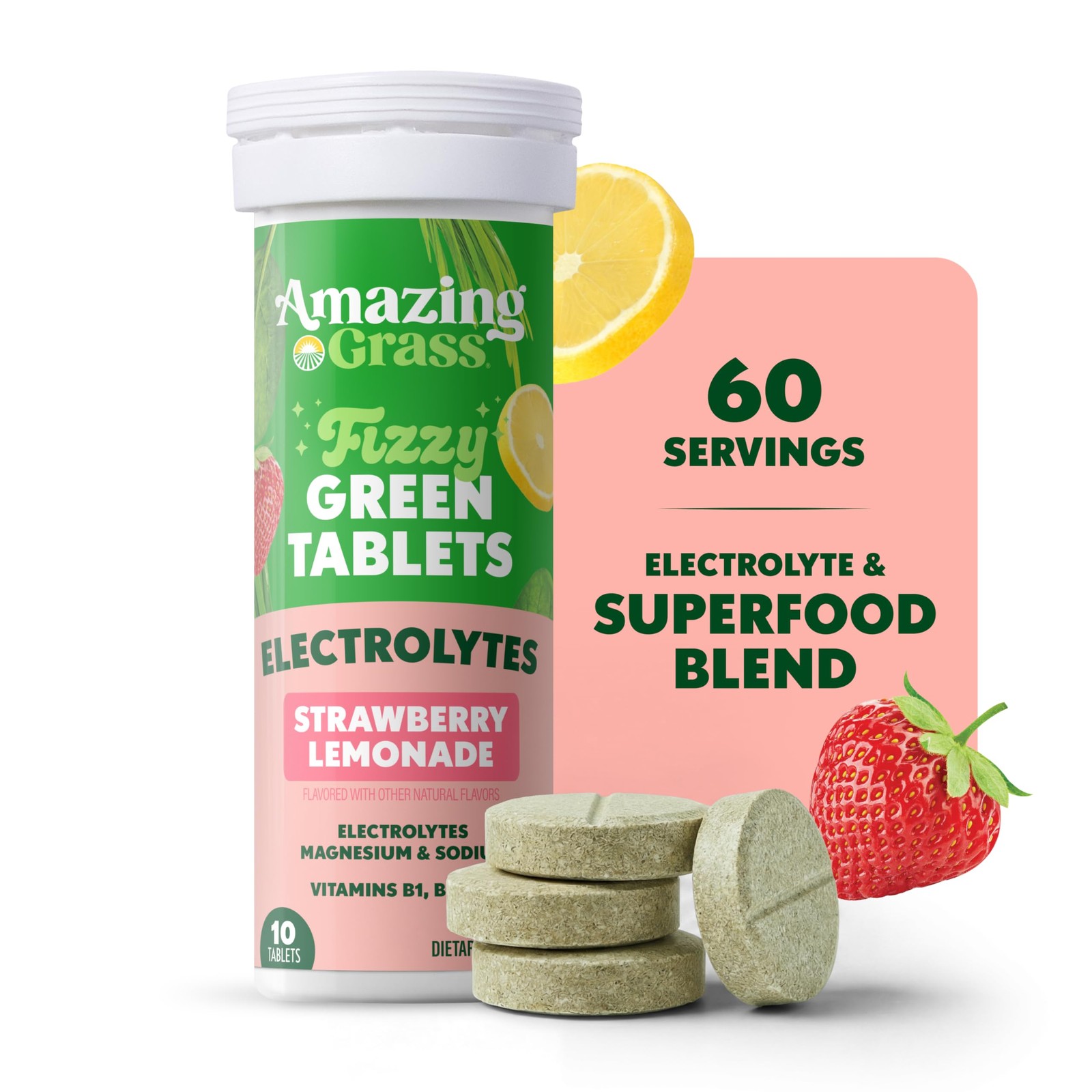 Amazing Grass Electrolyte Tablets, Fizzy 10 Count (Pack of 6), 60 Servings