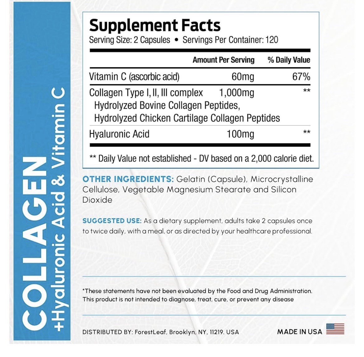 ForestLeaf Advanced Collagen Type I II III + HA + Vitamin C 240 Caps Exp 09/2027