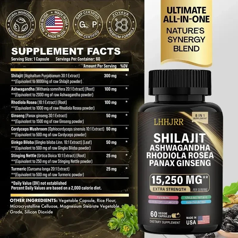 Extra Strength Shilajit Ashwagandha Rhodiola Panax 15,250mg 60 Capsul…