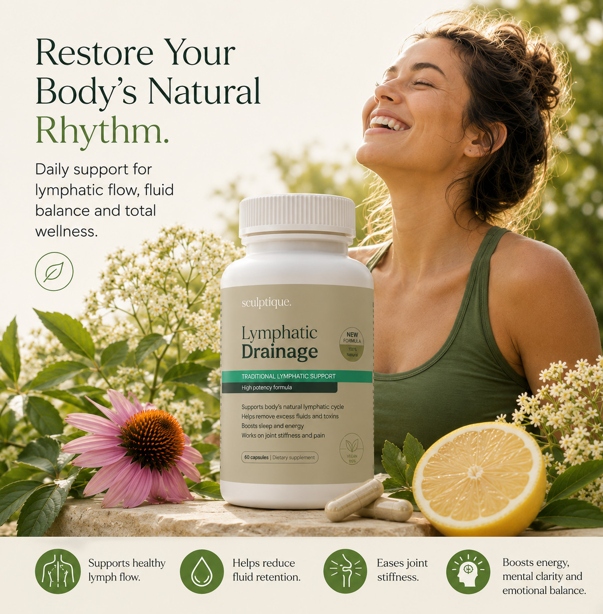 Lymphatic Drainage Support Capsules Herbal Fluid Balance Supplement Sculptique