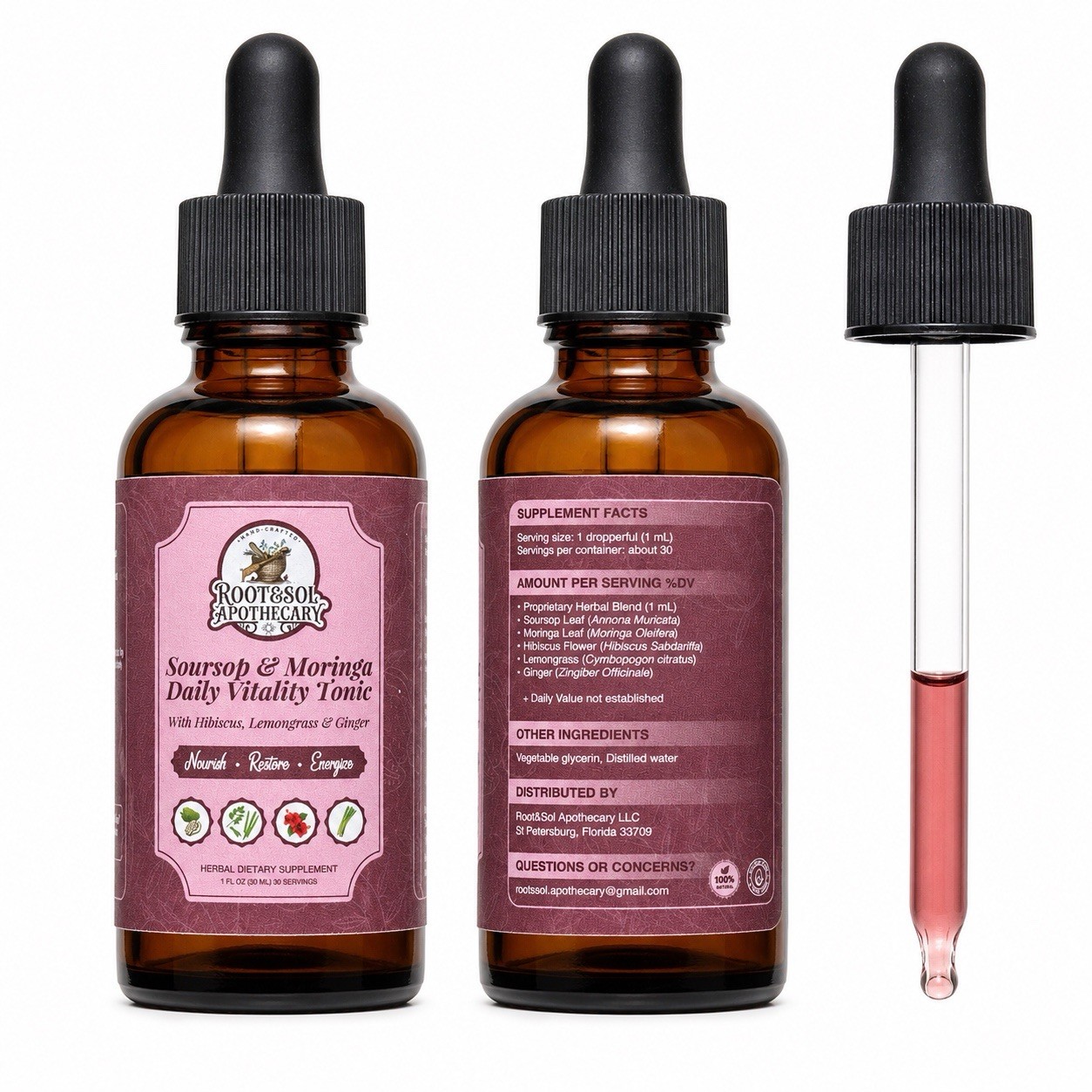 Root & Soil Apothecary Soursop Moringa Hibiscus Ginger Lemongrass Tonic 1 fl oz