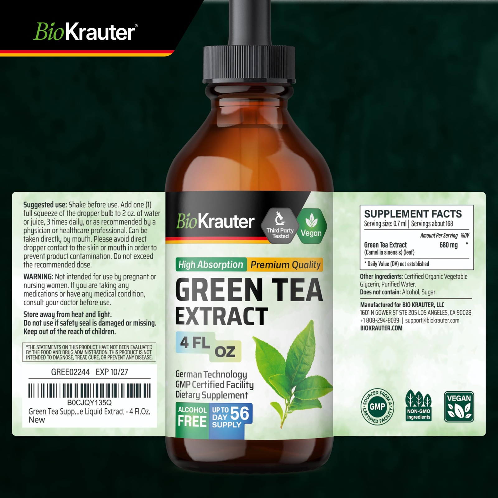BIO KRAUTER® Green Tea Extract – Liquid Pure Vegan 4 Fl Oz (Pack of 1)