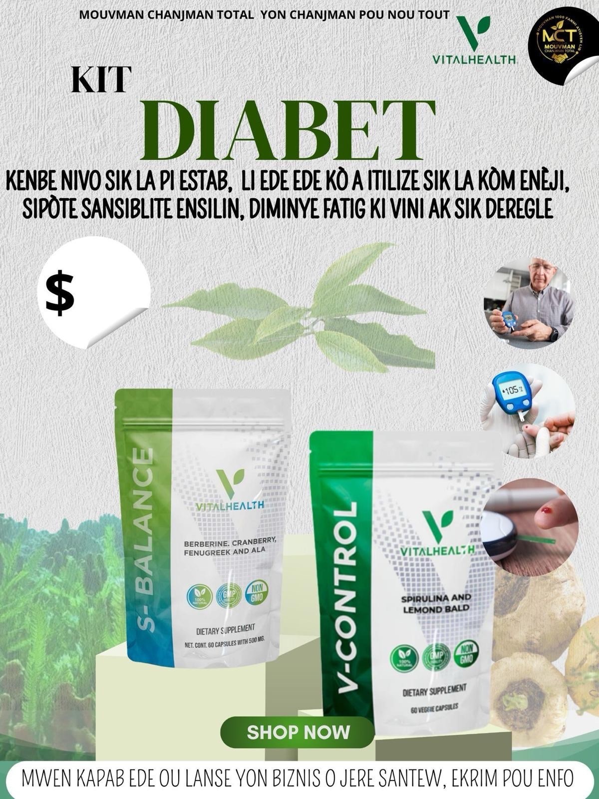 VitalHealth Dietary Supplement Kit 500mg Non GMO Blood Sugar Support 60 Capsules