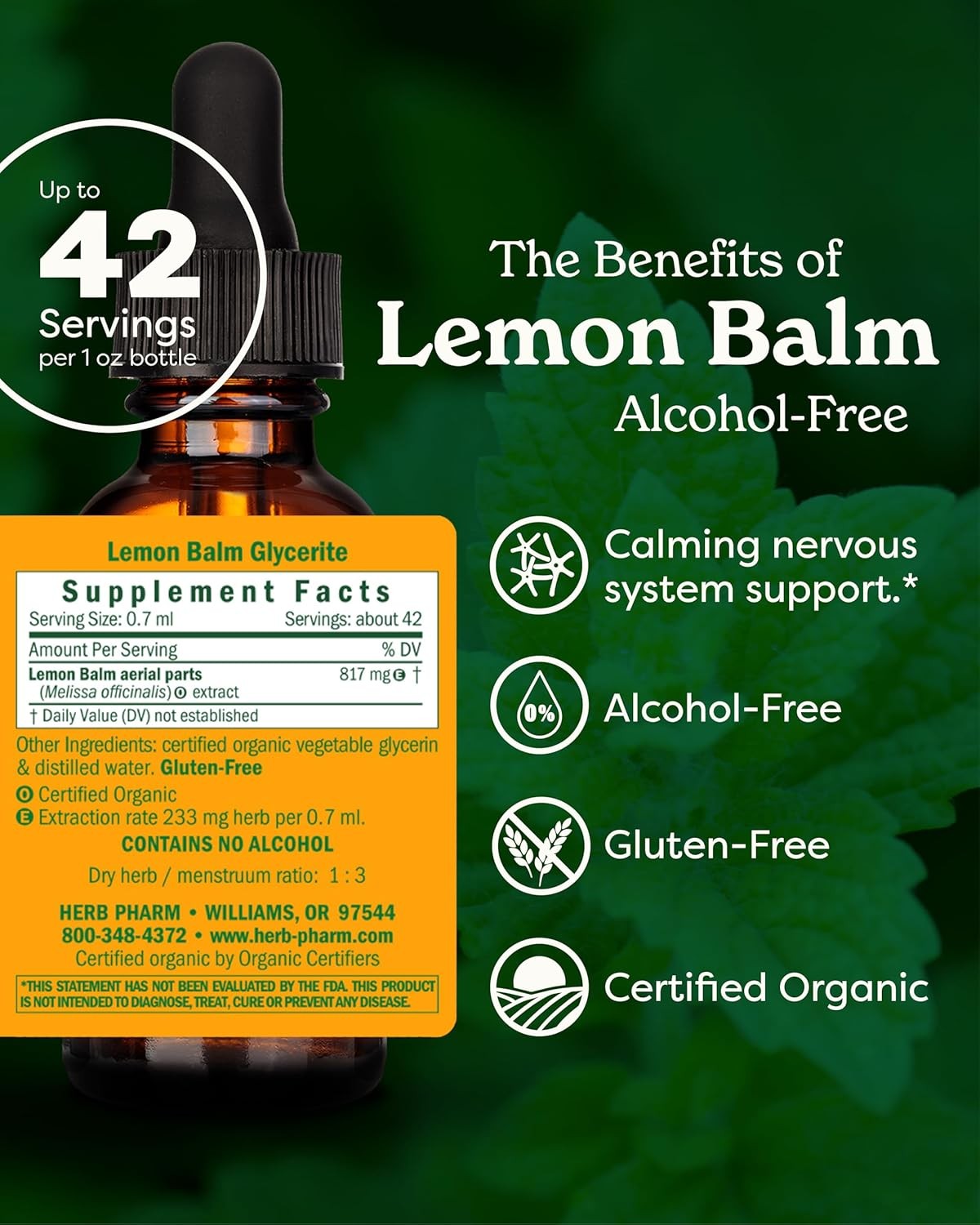 Herb Pharm Lemon Balm, Alcohol-Free: Certified Organic, Nervousness & Over-Excit
