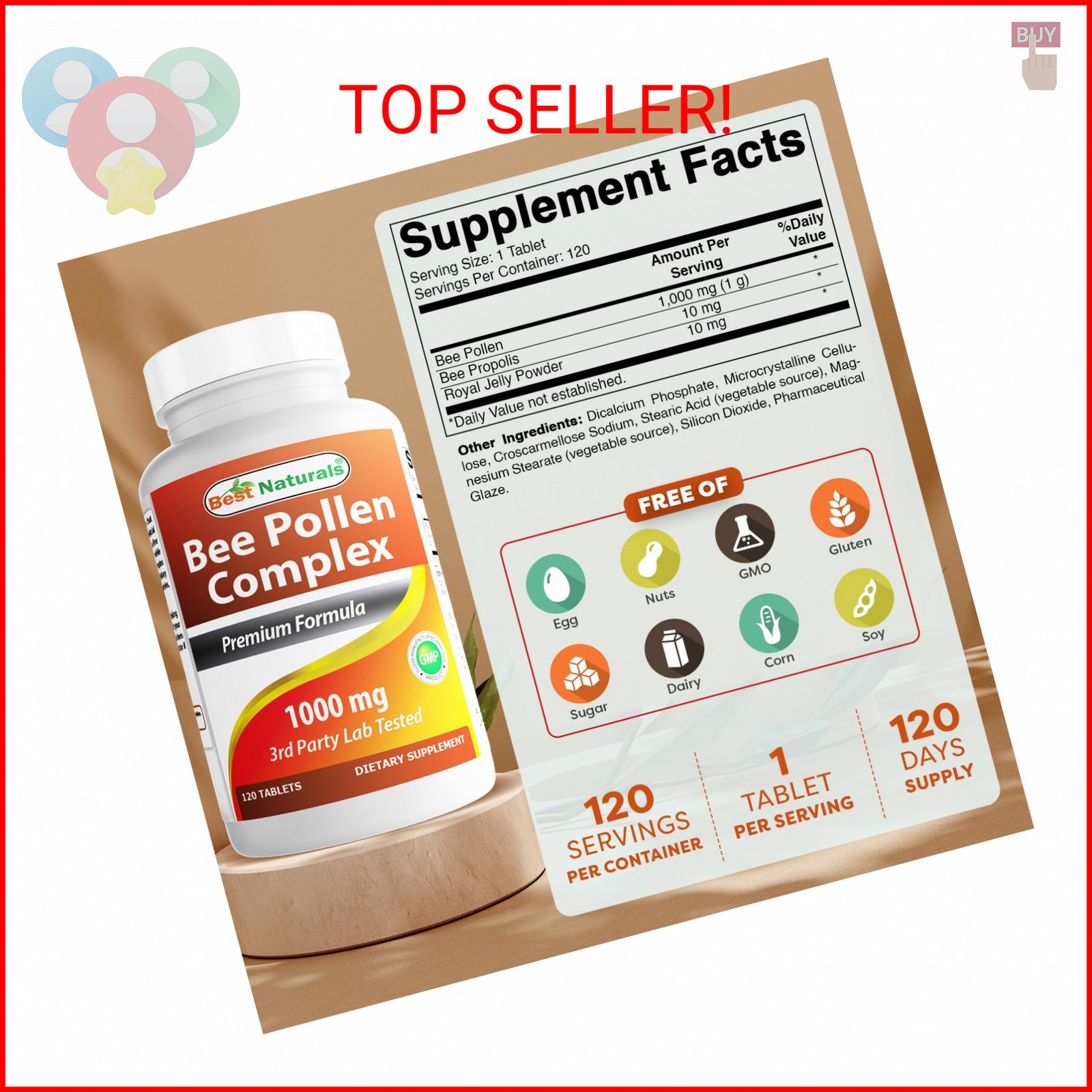 Best Naturals Bee Pollen Complex 1000 mg 120 Tablets