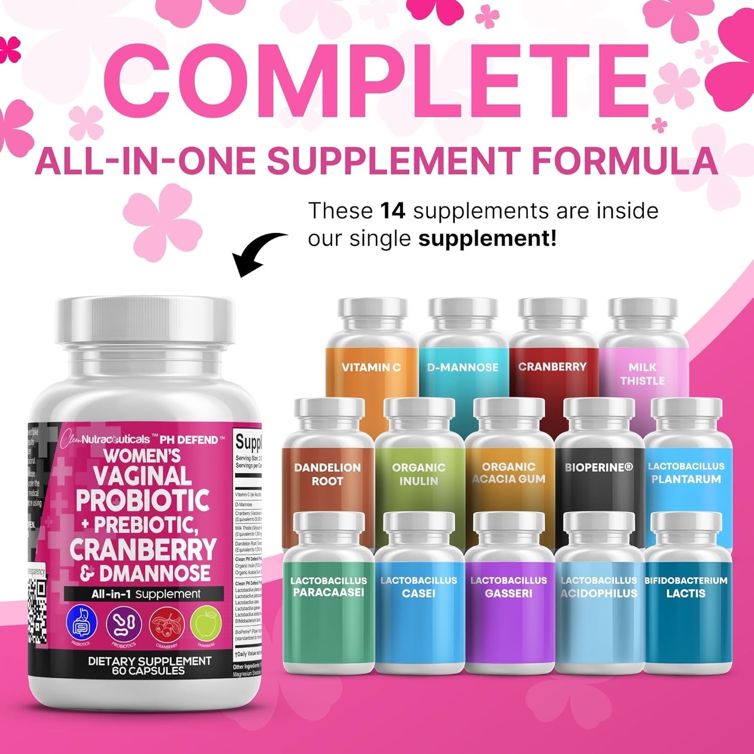 Clean Nutraceuticals Vaginal Probiotics for Women with Cranberry, D-Mannose, Pre