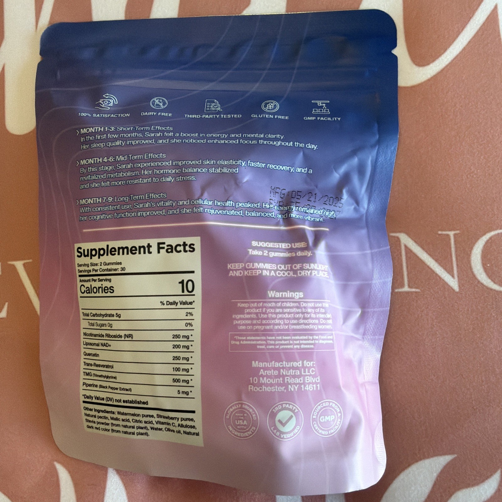 Arete Nutra Liposomal NAD+ Gummies Healthy Aging NR 60 Count Brain Health Focus