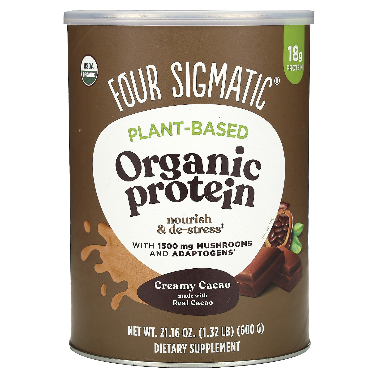 Plant-Based Organic Protein with Mushrooms & Adaptogens, Creamy Cacao, 1.32 lbs