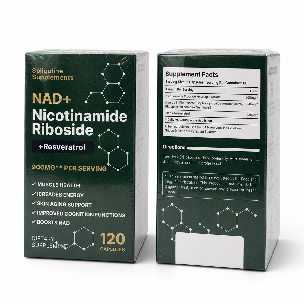 Lot of 2 Spliquline NAD+ Nicotinamide Riboside Resveratrol 900mg 120 Caps Sealed