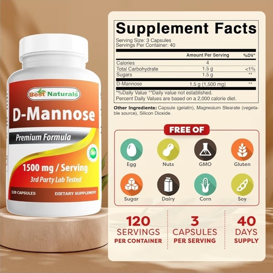 2 Pack Best Naturals D-Mannose 1500 mg 120 Capsules