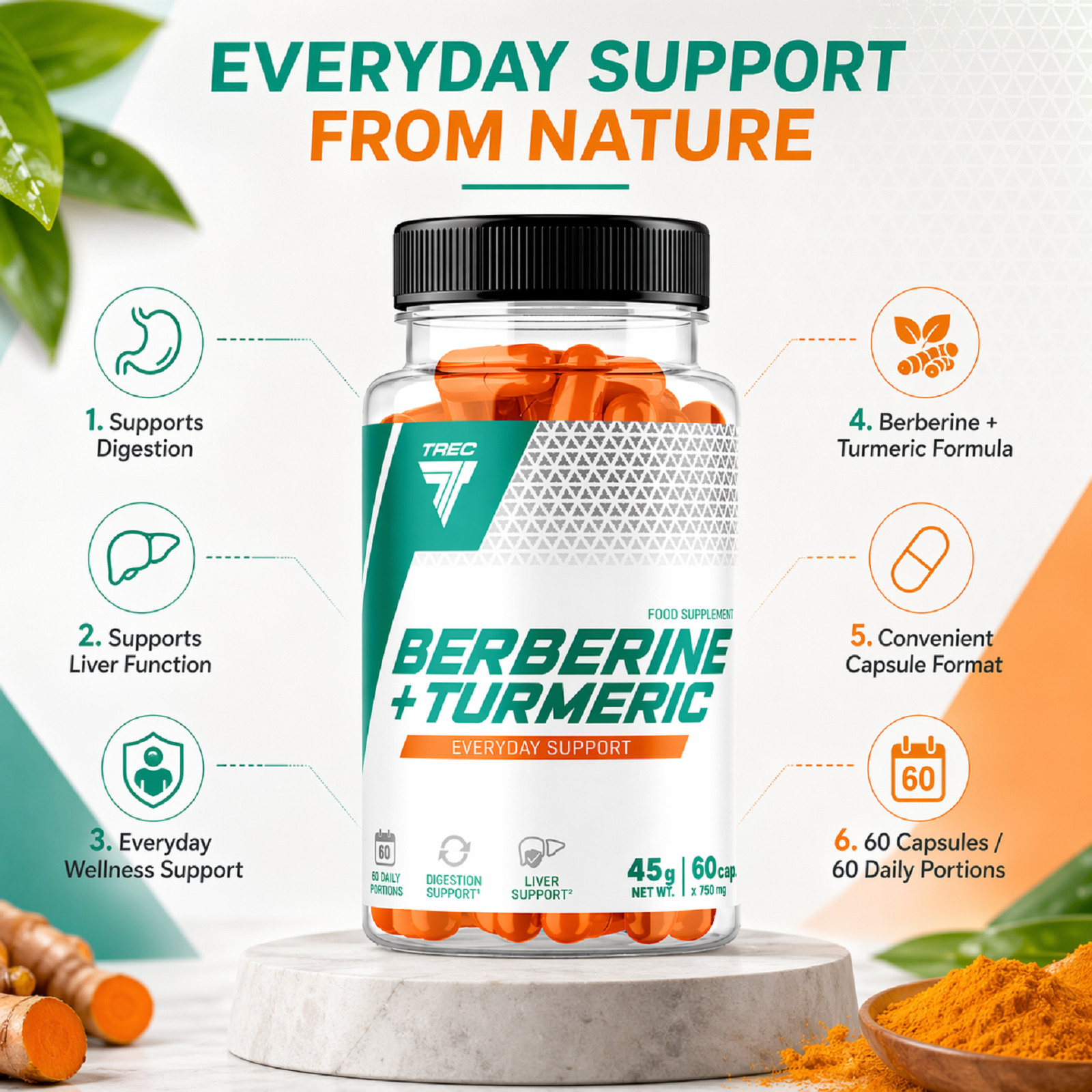 BERBERINE + TURMERIC – 60-180 caps – proper functioning of the liver, digestion
