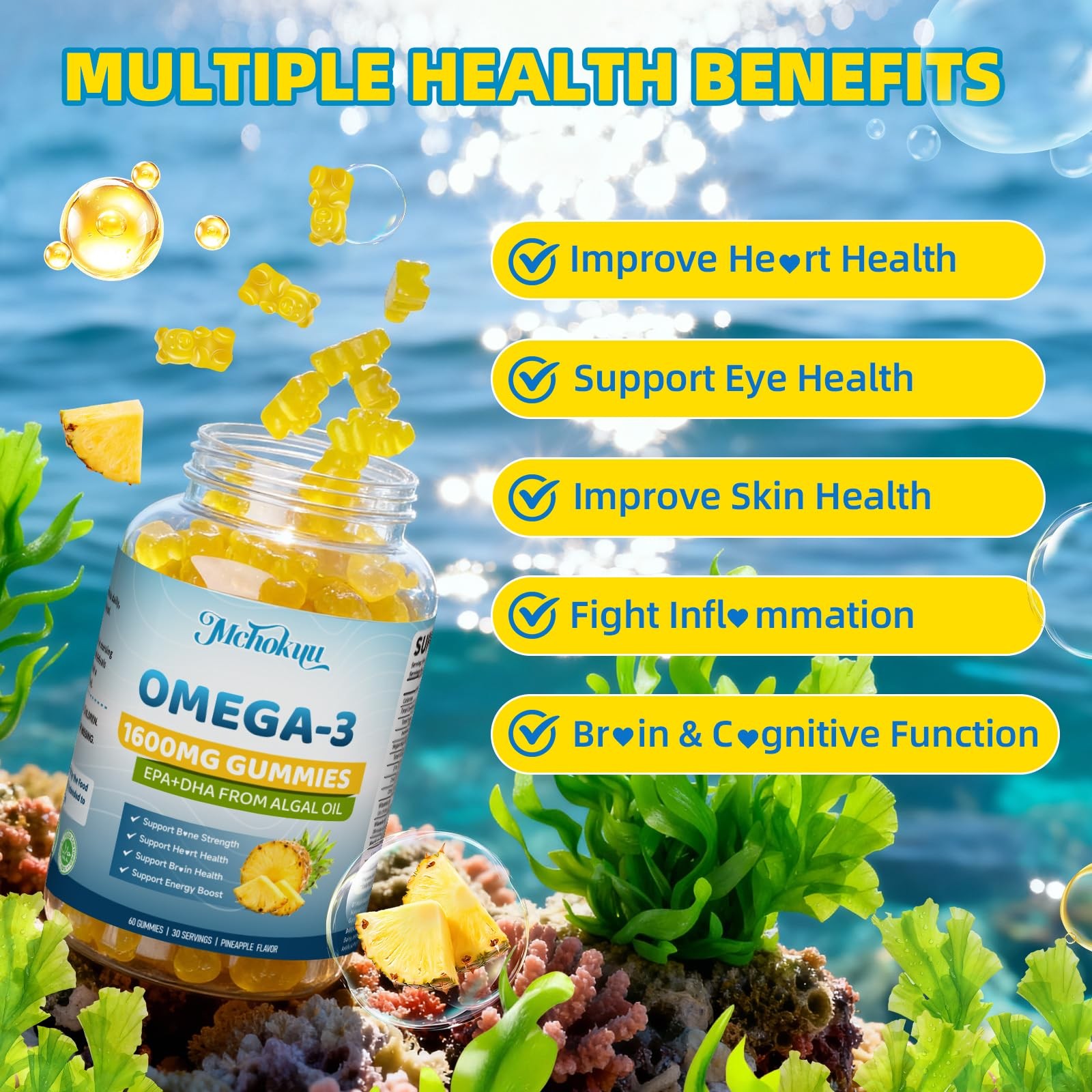 Mchokuu Vegan Omega-3 Gummies 1600Mg Epa Dha From Algal Oil Fish Oil