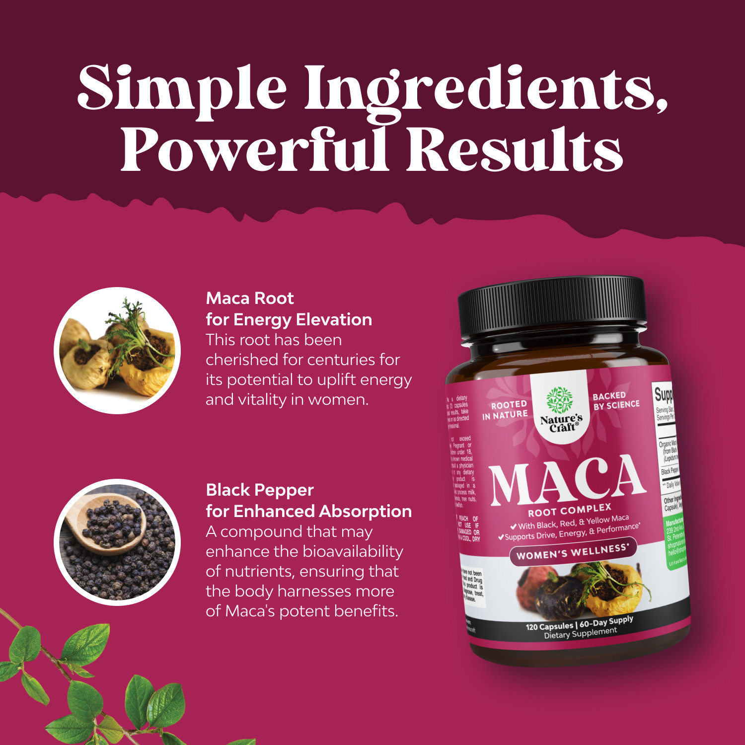 Organic Maca Root Capsules for Women – Potent Herbal Supplement 120ct