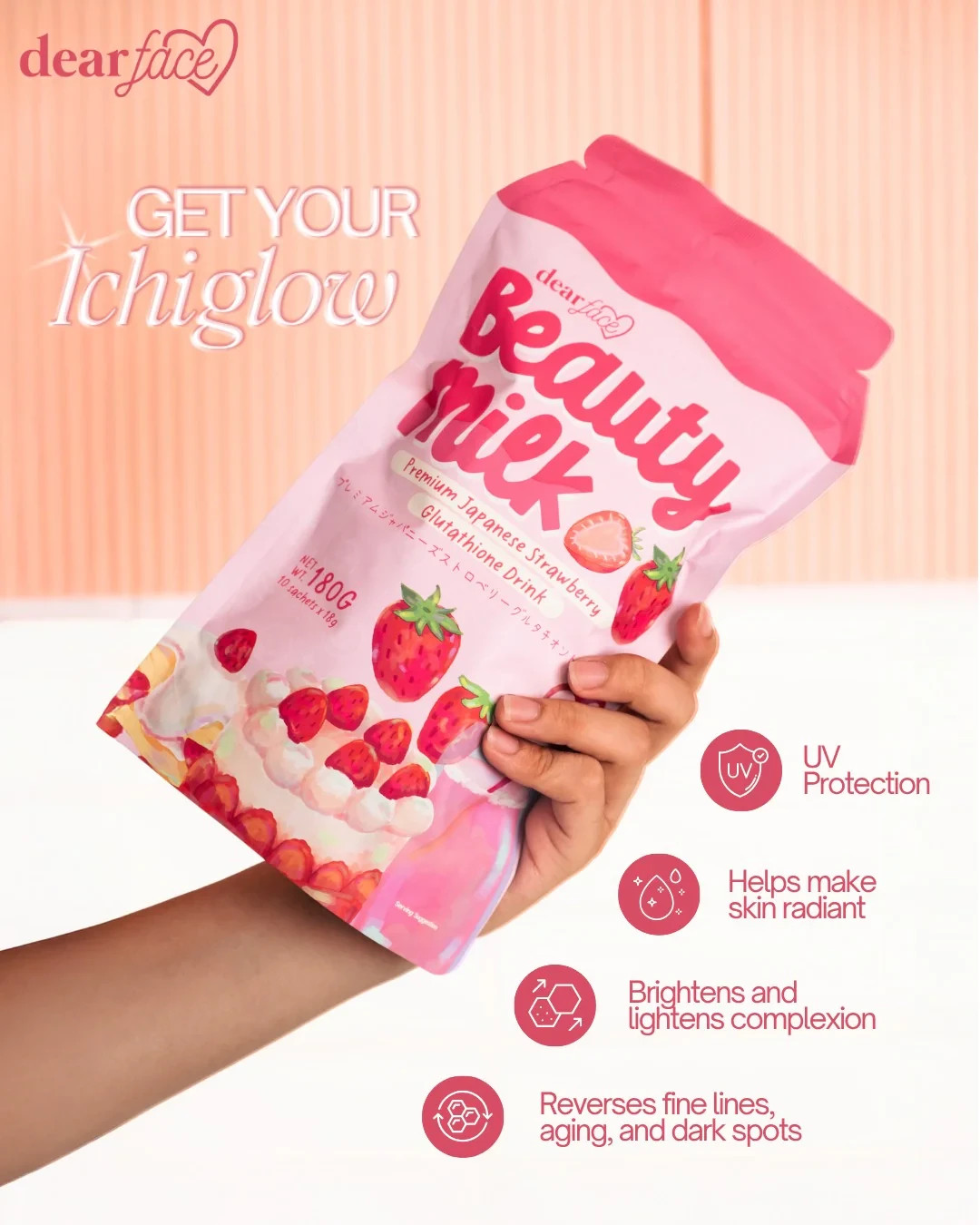 DearFace Beauty Milk Premium Japanese Strawberry Glutathione Drink (US Seller)