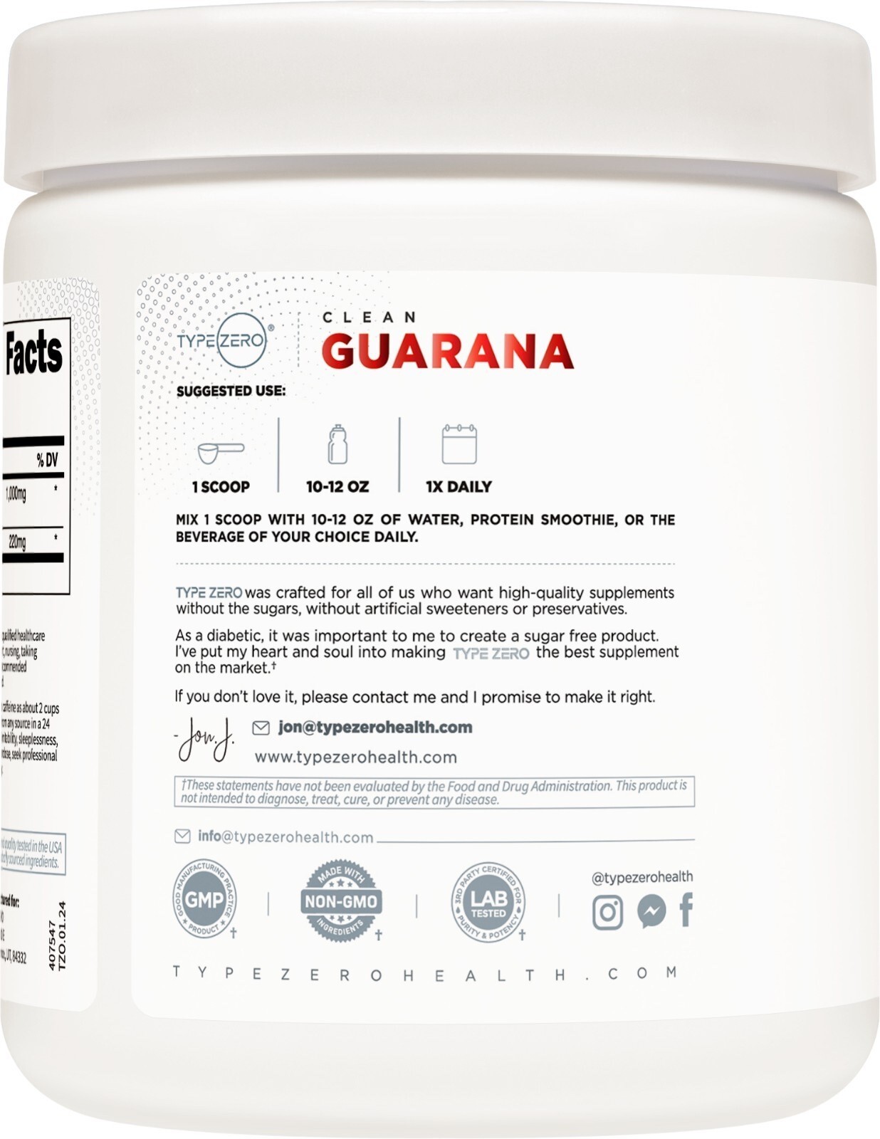 Type Zero Clean Guarana Powder Drink Mix (250 Servings, Unflavored)