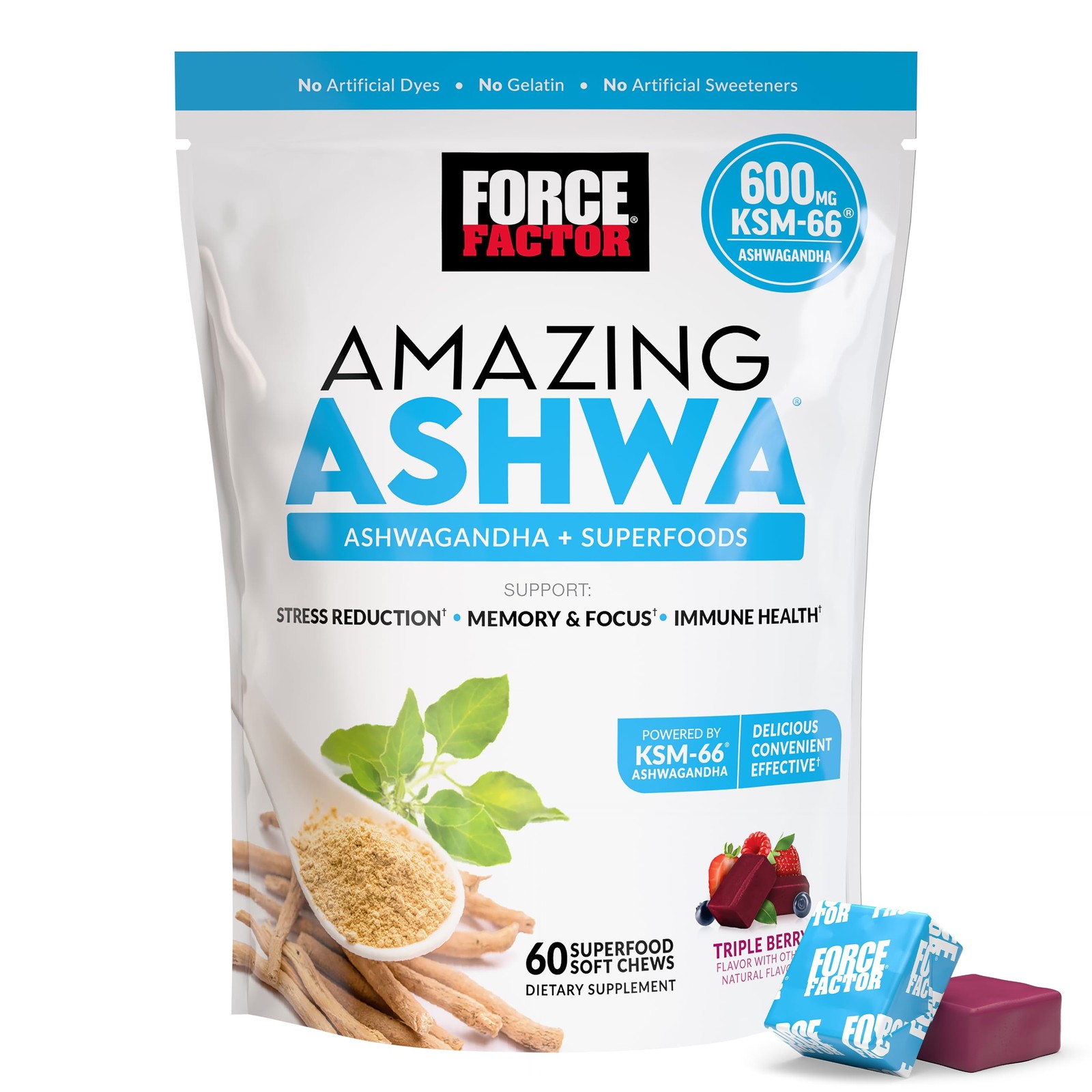 Force Factor Amazing Ashwa for Stress 60 Count (Pack of 1), Triple Berry