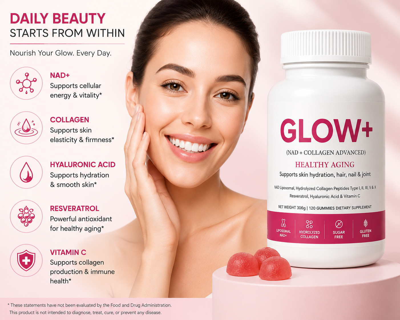NAD+ & Collagen Gummies Skin Hair Nail & Anti-Aging Support Hyaluronic Acid