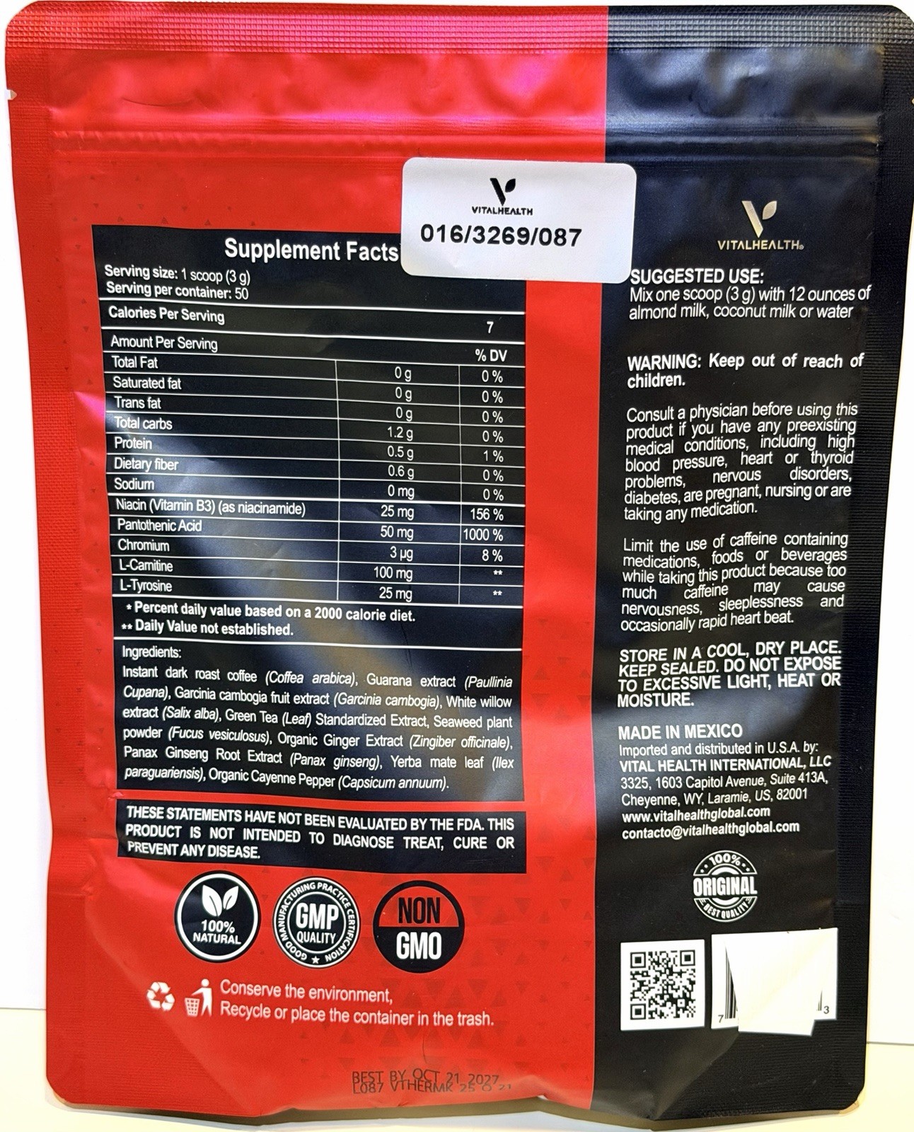 VitalHealth V ThermoKafe Gourmet Dark Roast Coffee Guarana L-Carnitine Exp 10/27