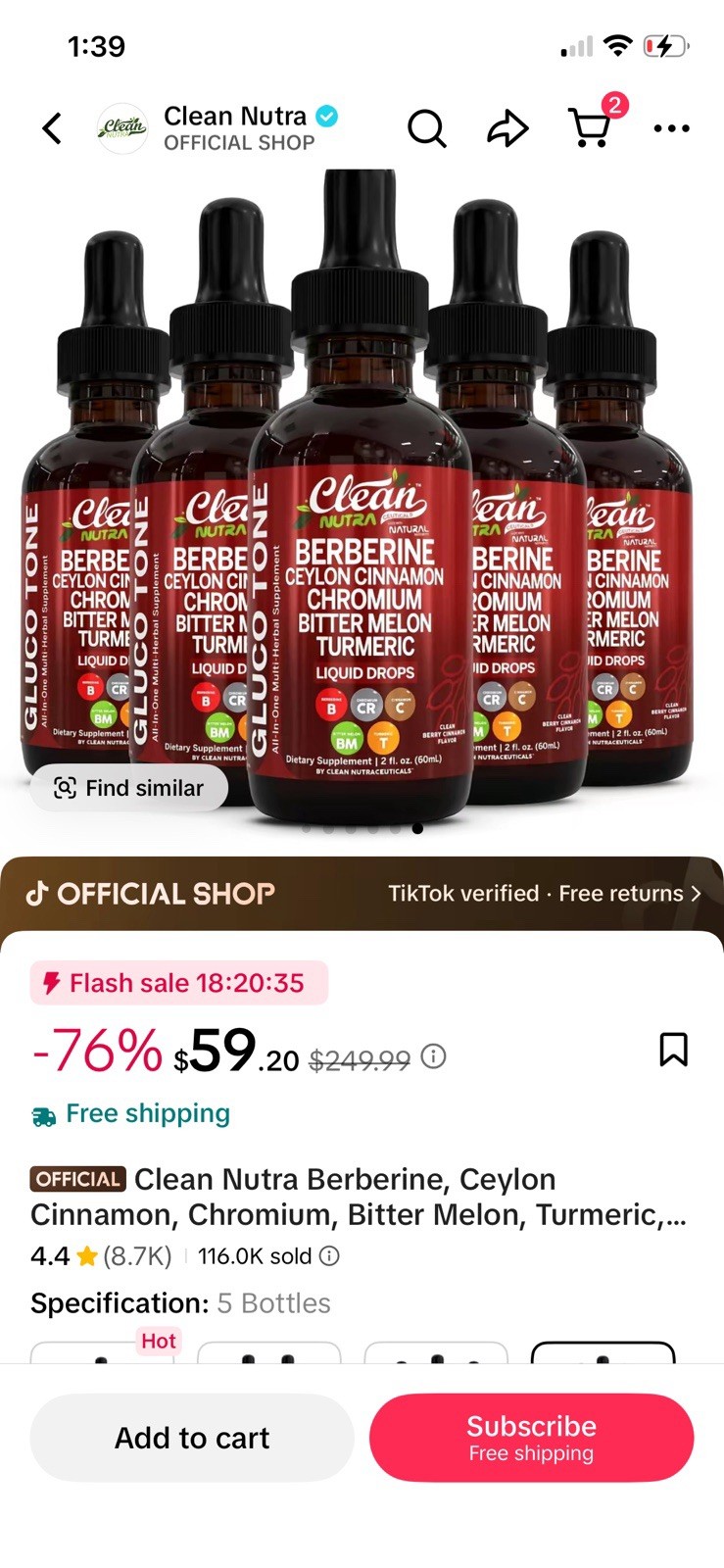 5 Clean Nutra Berberine Liquid Drops w/ Cinnamon Chromium Turmeric 2 fl oz 2027