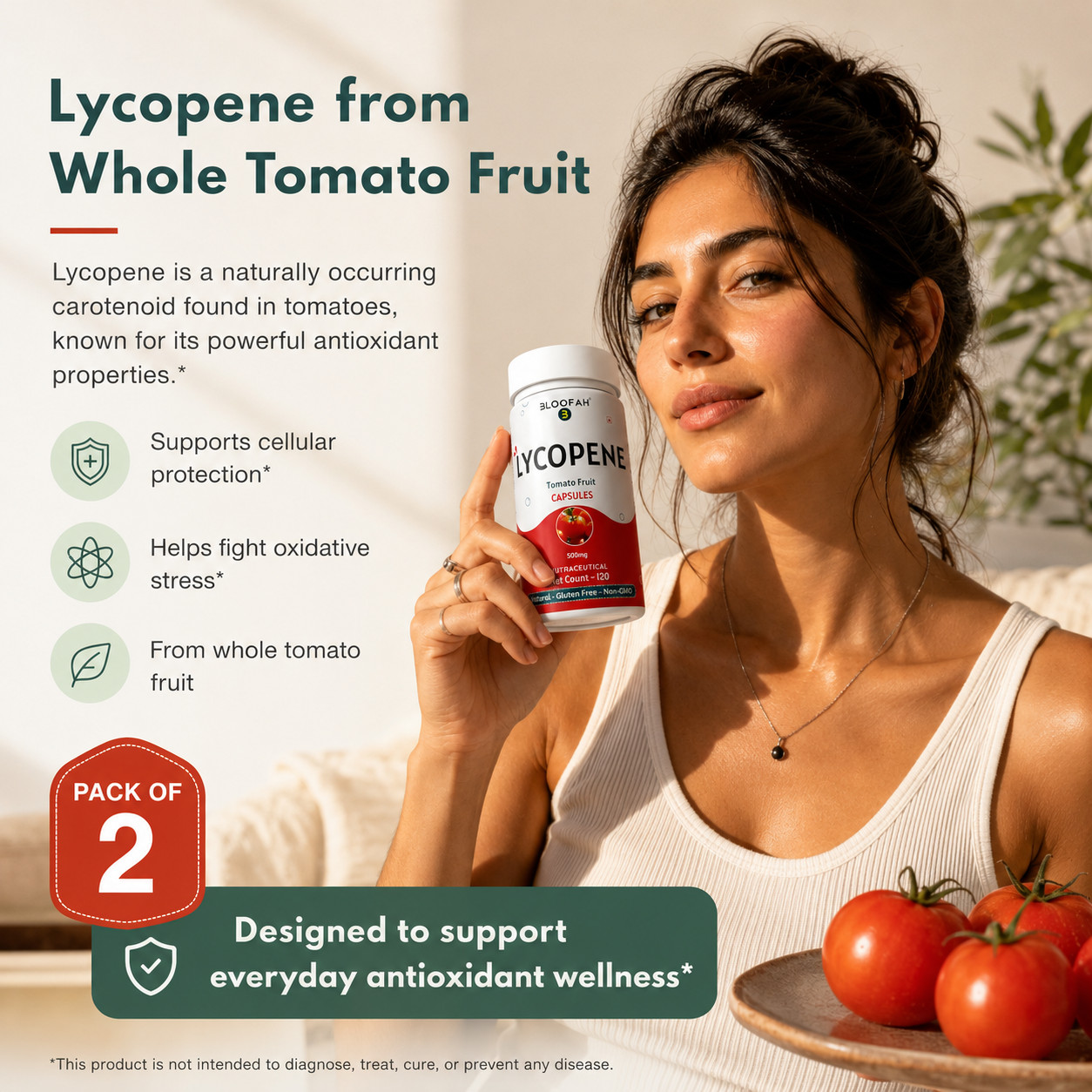 Lycopene 500mg Capsules Tomato Powder Antioxidant Wellness 120 Count Pack 2