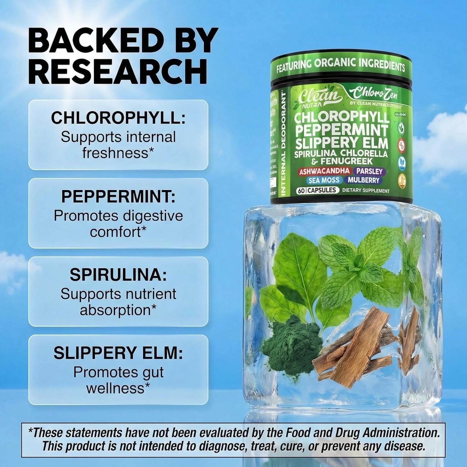 Clean Nutra Chlorophyll Capsules + Peppermint Slippery Elm Spirulina exp. 3/2028