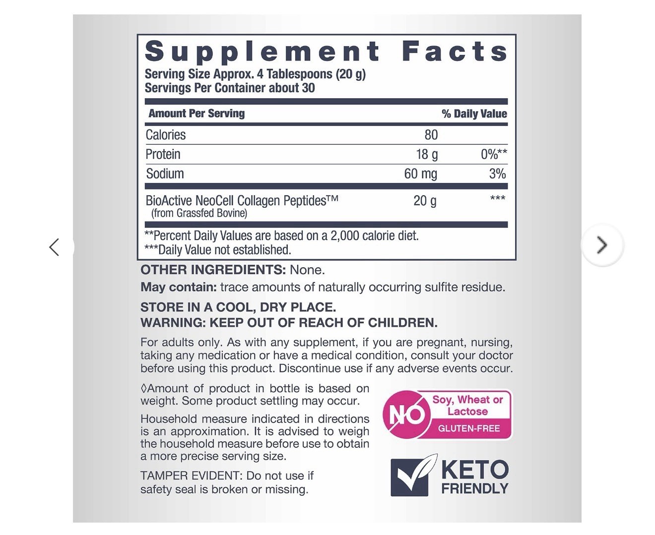 NeoCell Grassfed Collagen Peptides Powder Unflavored Keto Friendly 21.1 oz