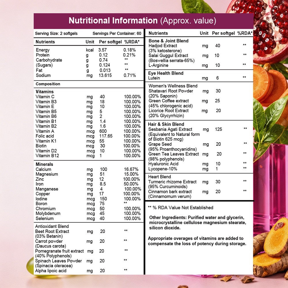 Women Multivitamin Softgel For Hair Skin Nails,Bone Health,Energy&Immunity 120CT