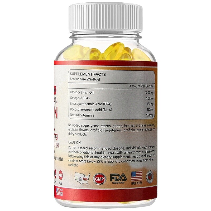 Omega 3 Fish Oil 1000mg Caps 180mg EPA 120mg DHA with Vitamin E 30/60/120Caps