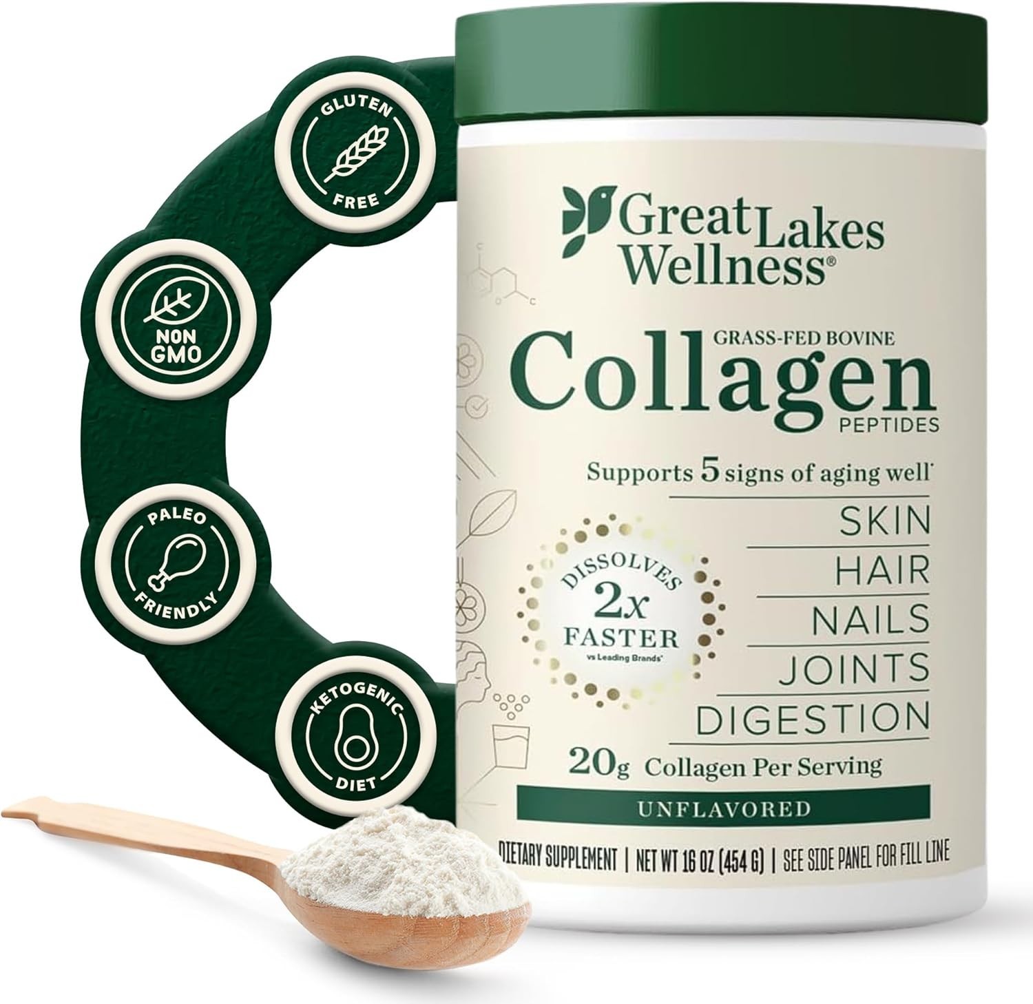 Great Lakes Wellness Collagen Peptides Powder 16 oz/22 Servings BB 2030 NEW