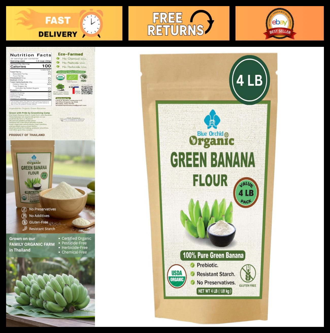 Organic Green Banana Powder 4 LB – Superfood Prebiotic Resistant Starch, High Fi