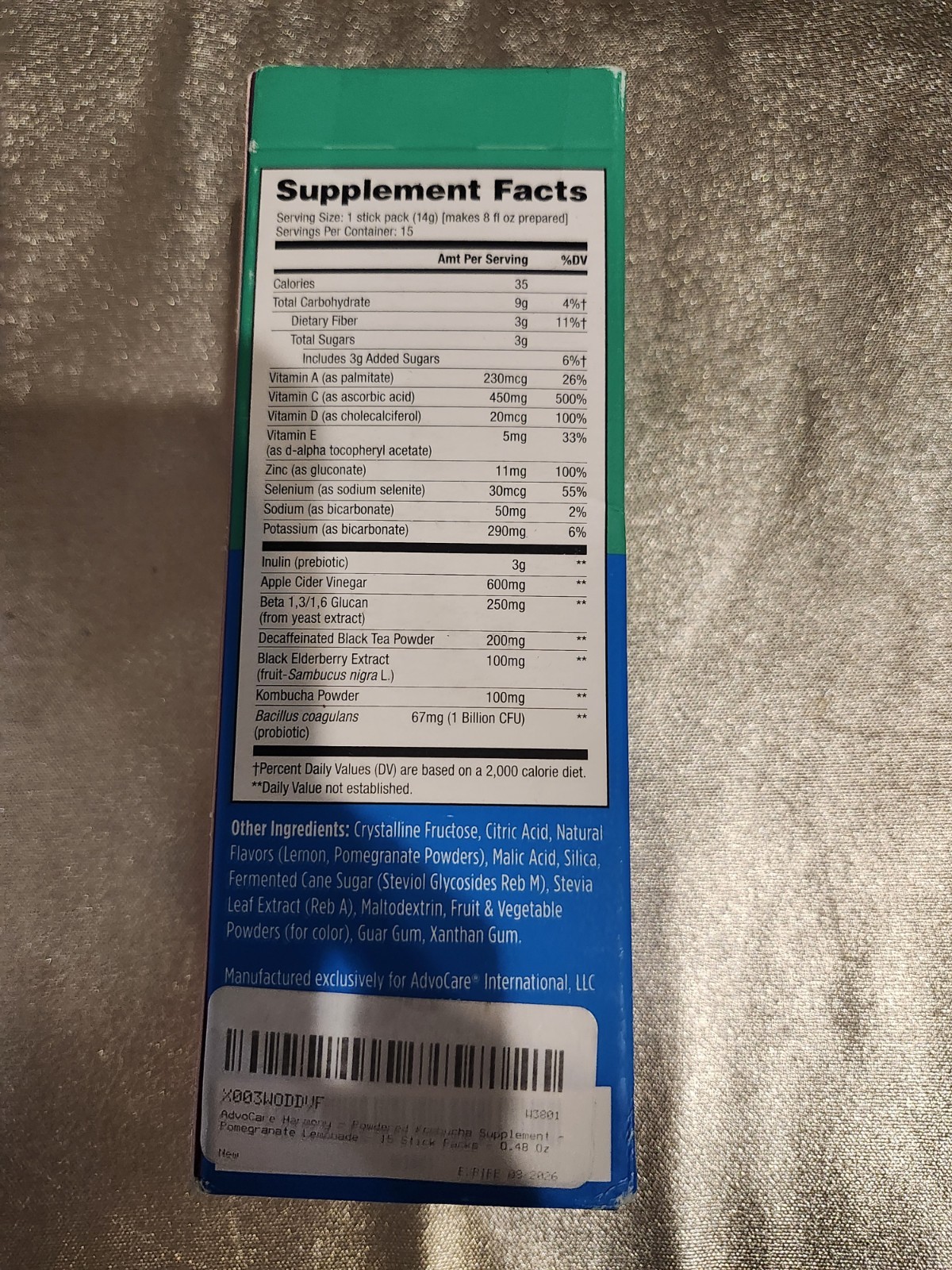 AdvoCare Harmony KOMBUCHA Supplement Powder POMEGRANATE LEMONADE 15ct EXP 08/26