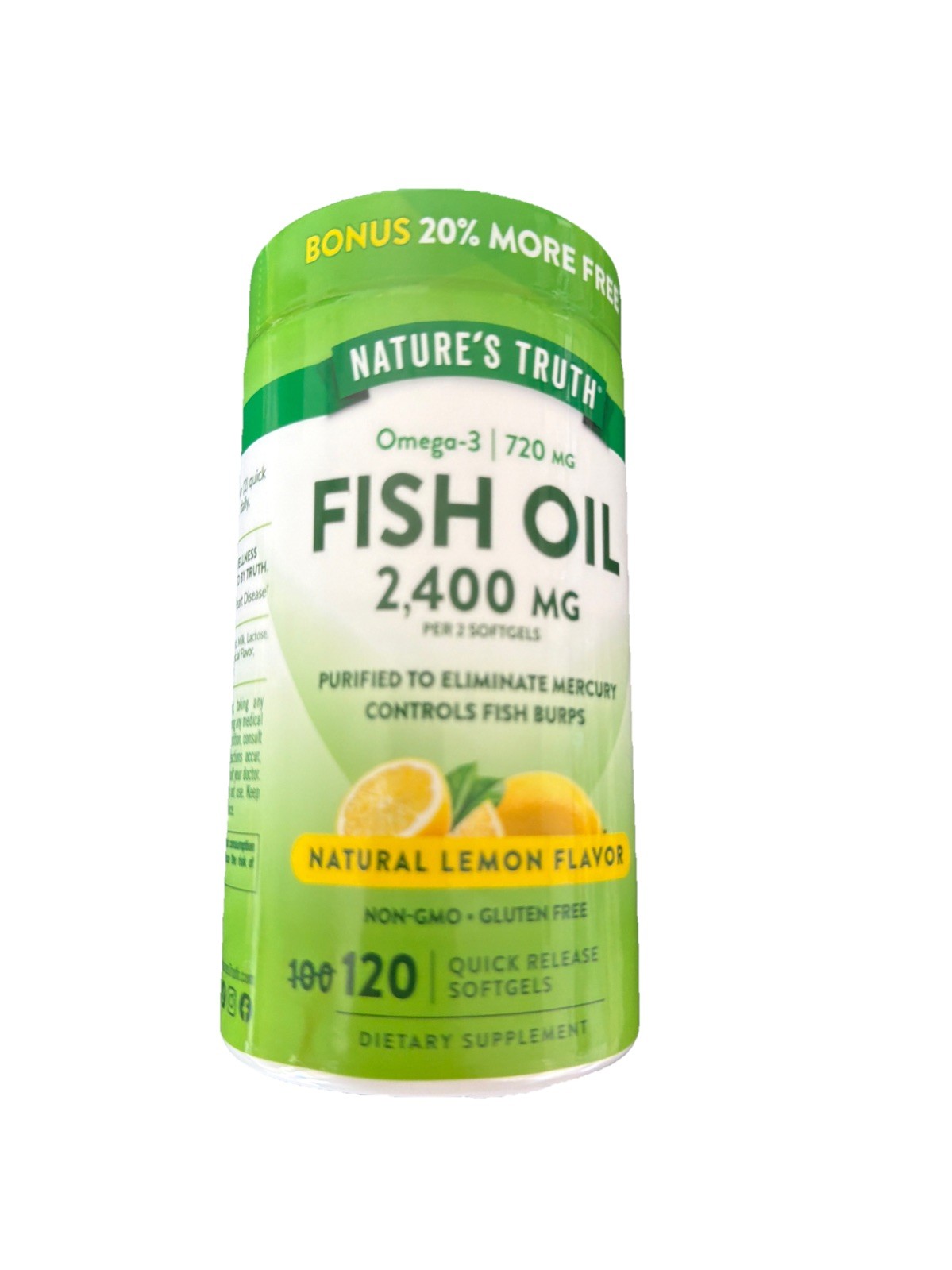 Nature’s Truth Fish Oil 2,400 mg Lemon Flavor Omega-3 120 Soft gels Exp 8/29