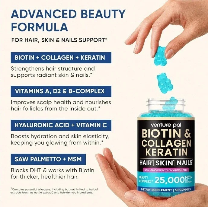 Venture Pal Biotin Gummies w Collagen & Keratin B-Complex Saw Palmetto Blueberry