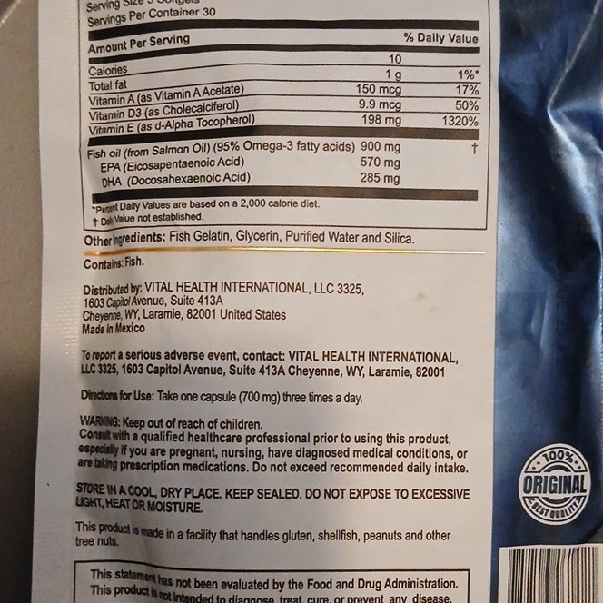 VitalHealth Omega-3 Vitamin A D3 E EPA Non-GMO 100% Natural 90 Capsules