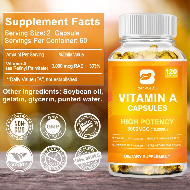 Vitamin A 10000 IU | 120 Softgels | Premium Non-GMO, Gluten Free
